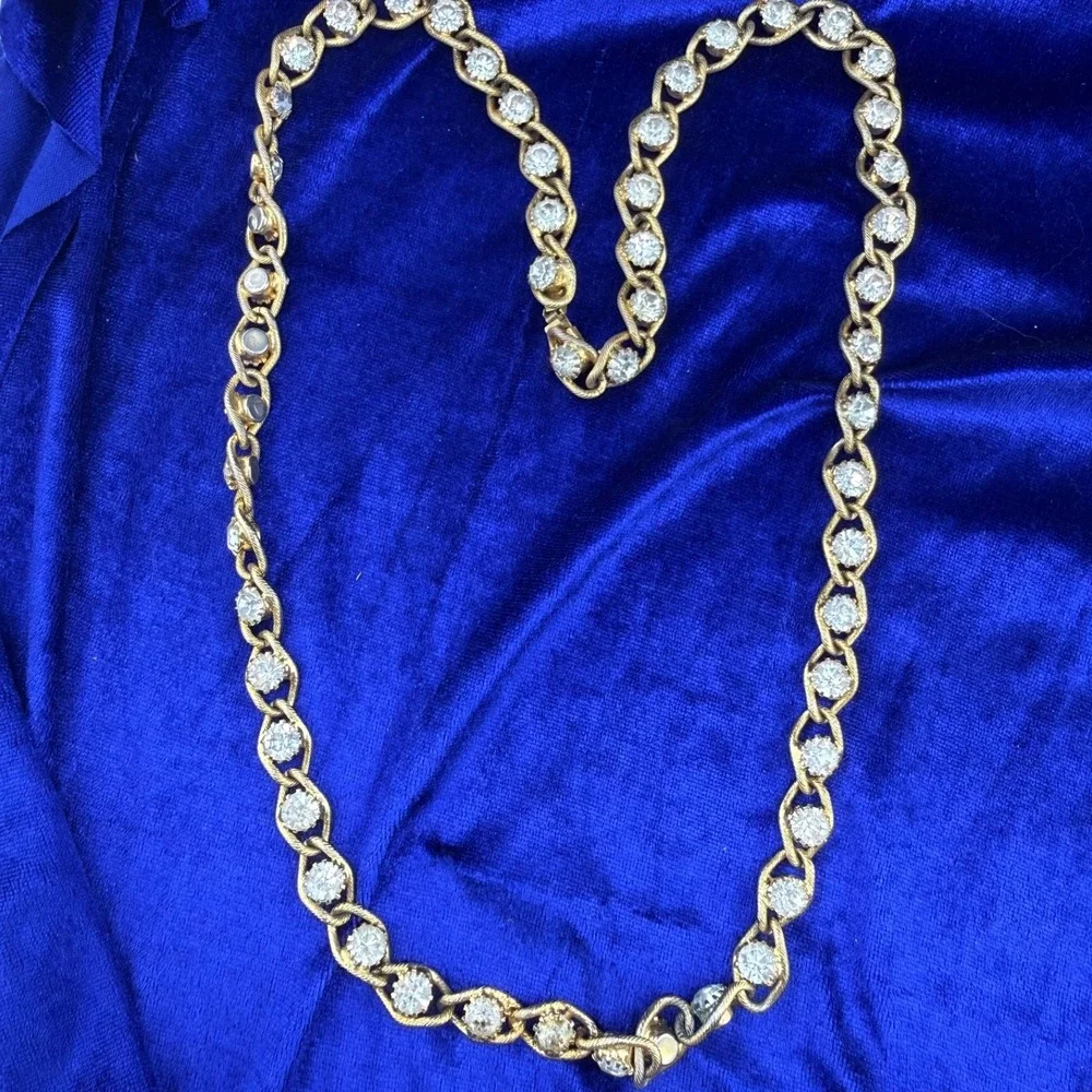 Vintage Estate Necklace Gold Rhinestone Chunky Textured Chain 32in
